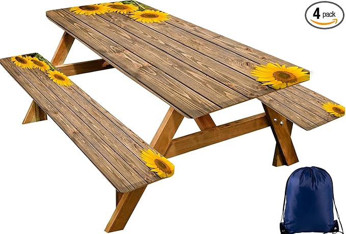 CAPSCEOLL Picnic Table Cover with Bench Covers 8Ft Waterproof Camping Tablecloth All-Weather Outdoor Table Protector with Drawstring Bag for Camping Essentials, 96X30In, Wooden Sunflowers