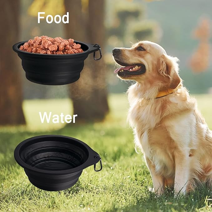 PetBonus 2-Pack Large Silicone Collapsible Dog Bowls, 34oz/1000ml BPA Free Portable Foldable Travel Bowl for Pet Cat, Food Water Feeding Dish for Camping with 2 Carabiners (Black, Black)