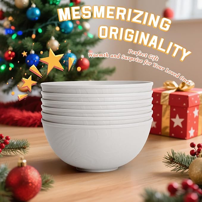 Homienly Wheat Straw Bowls with Unique Texture Design, 40 OZ Salad Bowls for Kitchen, Camping, Unbreakable Microwave and Dishwaher Safe Bowl Set, Stackable Cereal Bowl for Serving, Ramen-White