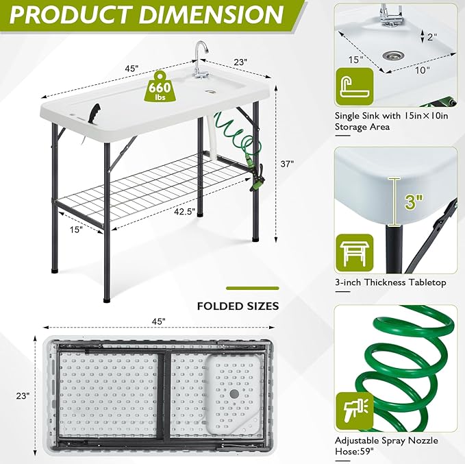 Folding Fish Cleaning Table Portable Camping Sink with Faucet Drainage Hose & Sprayer Outdoor Fillet Station Grid Rack Knife Groove for Picnic Fishing, Black