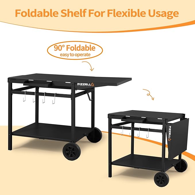 Outdoor Grill Table 44" x 26" Movable Pizza Oven Stand Foldable Double-Shelf Grill Cart Fit for 12/16inch Oven Ooni Ninja Woodfire Blackstone