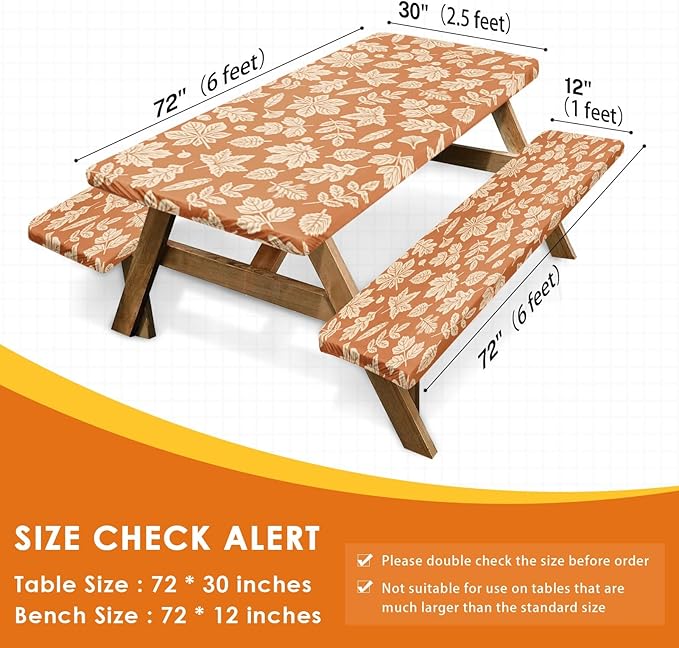Picnic Table Cover with Bench Covers Elastic Edges, Fall Yellow Fitted Table Cover, Outdoor Patio Camping Essentials 72 Inch 3PCS, Waterproof Camping Fitted Tablecloth with Drawstring Bag