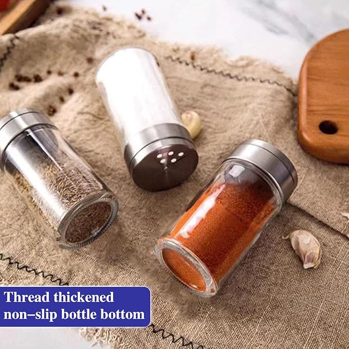 4pcs Salt and Pepper Shakers Set, Salt Shaker and Pepper Shaker with Adjustable Pour Holes, Pepper and Salt Container with Stainless Steel Lid,Glass Salt and Pepper Shakers,Spice Shaker for Kitchen