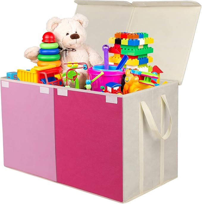 Toy Box Chest, Collapsible Sturdy Storage Bins with Lids, Extra Large Kids Toy Storage Organizer Boxes Bins Baskets for Kids, Boys, Girls, Nursery Room, Playroom, Closet (Pink)