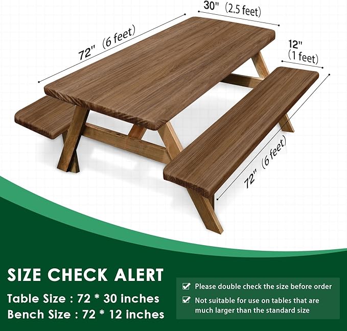 Picnic Table Cover with Bench Covers Elastic Edges, Wooden Brown Fitted Table Cover, Outdoor Patio Camping Essentials 72 Inch 3PCS, Waterproof Camping Fitted Tablecloth with Drawstring Bag