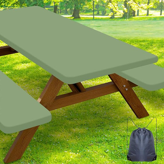 Smiry Picnic Table Cover with Bench Covers, Waterproof Elastic Fitted Polyester Tablecloths for 6 Ft Rectangle Tables, Washable Windproof Tablecloth for Camping, Outdoor (Sage Green, 30x72 Inches)
