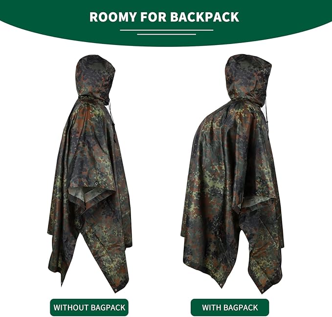 GRVCN Military Rain Poncho, Camouflage Raincoat Outdoor Waterproof Lightweight