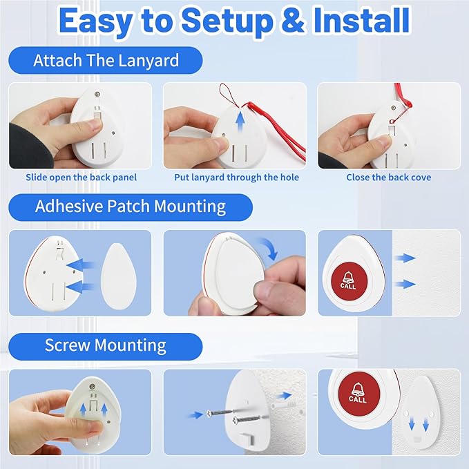 Nestling® Wireless Caregiver Pager SOS Call Button Nurse Alert System Call Bell for Elderly Monitoring Patient Disabled 1 Waterproof Panic Call Button & 1 Plugin Receiver