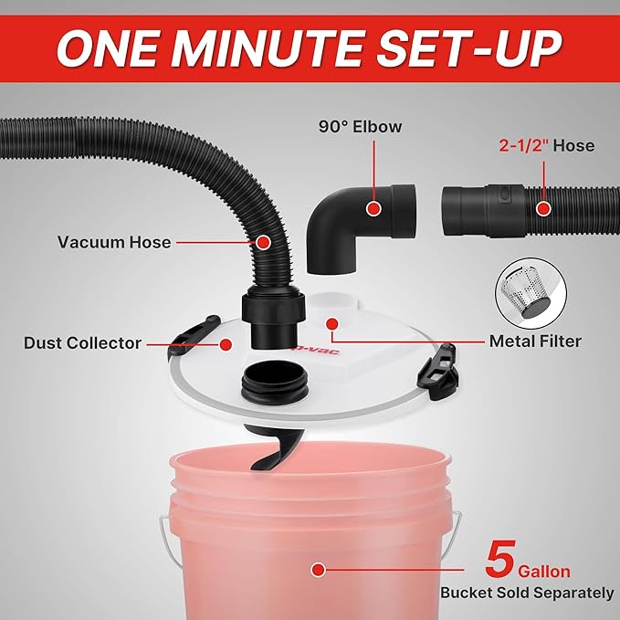 Shop-Vac Dust Collector, Portable Dust Collector for Woodworking, Fits 5 Gallon Bucket, Easy Disposal of Dust & Debris, Elbow Fittings, 2-1/2" Hose and Metal Filter Included