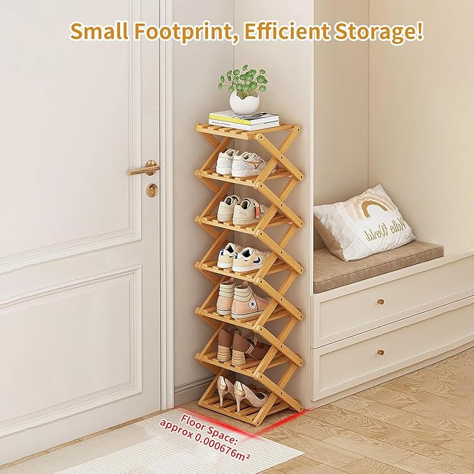 YYW Bamboo Shoe Rack for Entryway,Installation-Free and Foldable Vertical Shoe Storage Organizer,Free Standing Shoe Racks Shelf Closet Shoe Organizer for Living Room (Tawny-6 Layers)