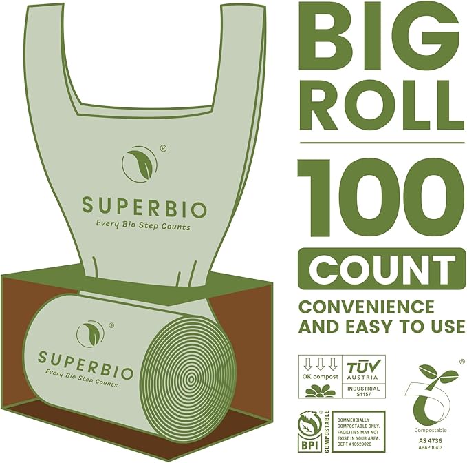 SUPERBIO 2.6 Gallon Compostable Bags with Handles, 100 Count,1 Pack, Food Scrap Bags Certified by BPI and OK compost INDUSTRIAL, 9.84L
