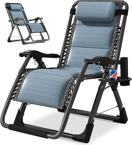 NAIZEA Padded Zero Gravity Chair, Cooling Fabric Folding Outdoor Lounge Chairs, Adjustable Reclining Camping Chairs with Cup Holder, Ergonomic Patio Lawn Chair for Balcony Beach Deck Yard