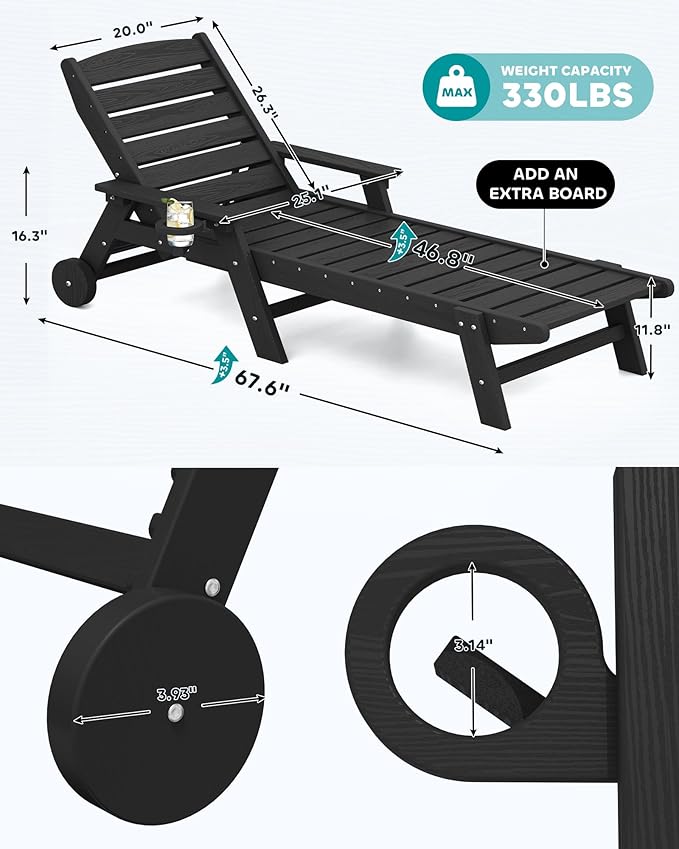 SERWALL Patio Chaise Lounge Chair Set of 6, 5 Positions Adjustable Poly Outdoor Lounge Chair for Pool, HDPE Lounge Chair with Rolling Wheels & Cup Holder for Poolside, Deck, Obsidian Black