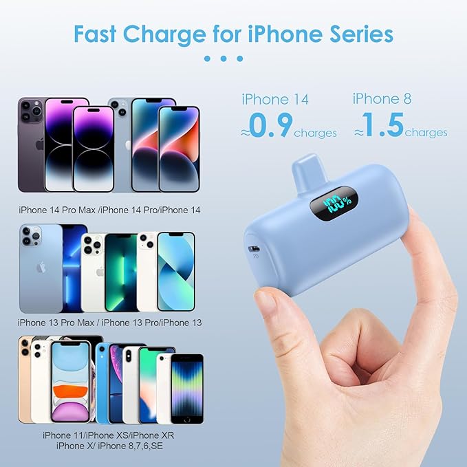 Small Portable Charger for iPhone,Upgraded 5000mAh PD Fast Charging Power Bank,Mini Plug-in Battery Pack Backup Charger Compatible with iPhone 14/14 Pro Max/13/13 Pro/12 Pro/11/XS/XR/X/8/7-Light Blue