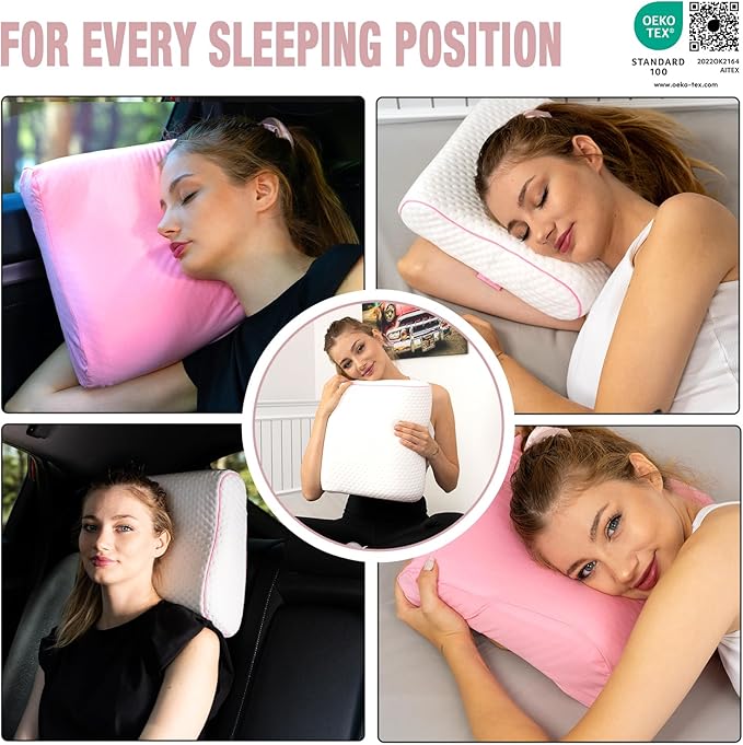 Memory Foam Pillow for Travel and Camping with Extra Cotton Cover – Easy to Carry Portable Bag (Pink Contour)