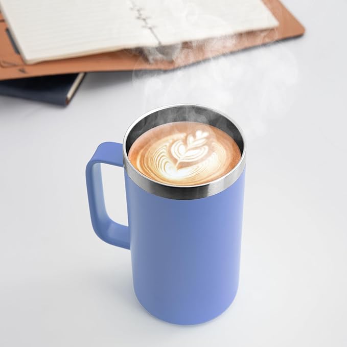 DOMICARE 24oz Mug with Handle and Lid, Stainless Steel Coffee Mug, Travel Mug with Handle, Double Wall Vacuum Coffee Tumbler, Reusable Insulated Cup, Blue, Pack 4