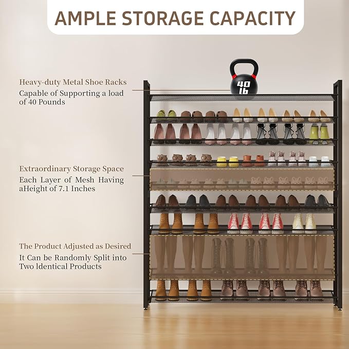 Metal Shoe Rack,Large 10 Tier Shoe Organizer, Heavy Duty Metal 5-Tier Stackable Shoe Storage Vertical Shoe Rack for Closet Front Door Entrance,Entryway,GarageUp to 62 Pairs,Black