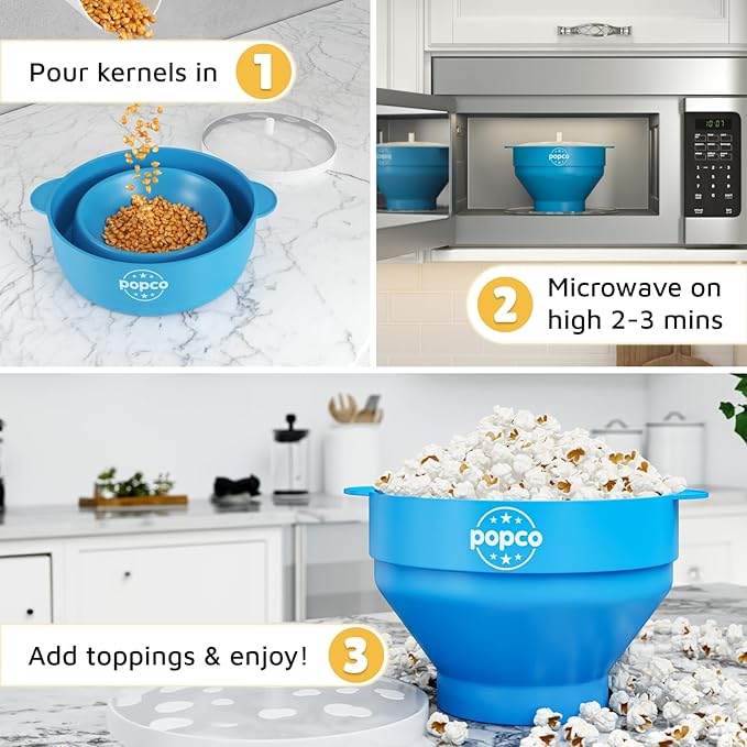 POPCO Silicone Popcorn Maker - Microwave Popcorn Popper - Collapsible Bowl, Heat-Resistant, Easy to Clean, Ideal for Family Movie Nights, 15-Cup Capacity - Transparent Glacier Blue