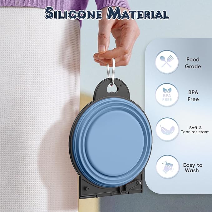 Pawaboo 2-in-1 Collapsible Dog Bowls, Dual Puppy Food and Water Bowls, 180° Flip Over Portable Silicone Dog Bowl with Metal Hook, 450ml Pet Travel Feeder Bowl for Walking Hiking Camping, Morandi Blue