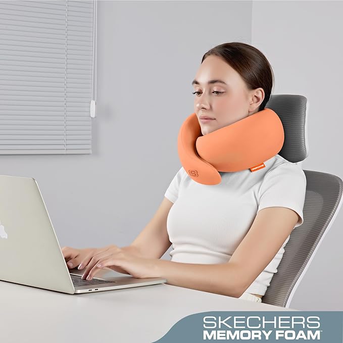 Skechers Memory Foam Travel Pillow,Comfortable & Breathable Airplane Travel Essential, Neck Pillow for Travel, Car Rides, Home, and Office Use, Ergonomic Design for Men and Women,Orange