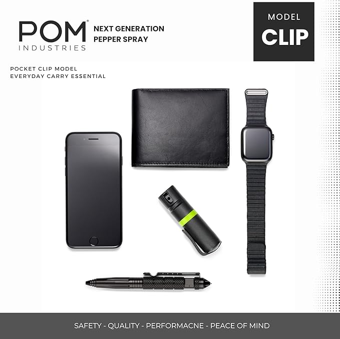 POM Pepper Spray Combo Pack Clip & Keychain - Maximum Strength OC Spray Self Defense- Tactical Compact & Safe Design - 25 Bursts & 10 ft Range - Stream Spray Pattern