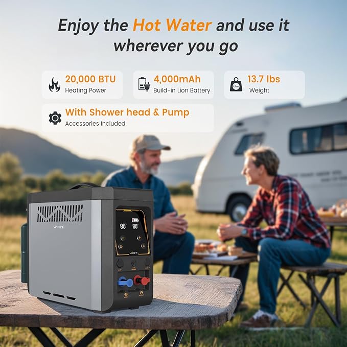 Portable Propane Water Heater for Camping Shower, Built-in 4000mAh Rechargeable Battery with Thermostatic Control and Overheating Protection, Tankless Water Heater for Outdoor Shower with Pump