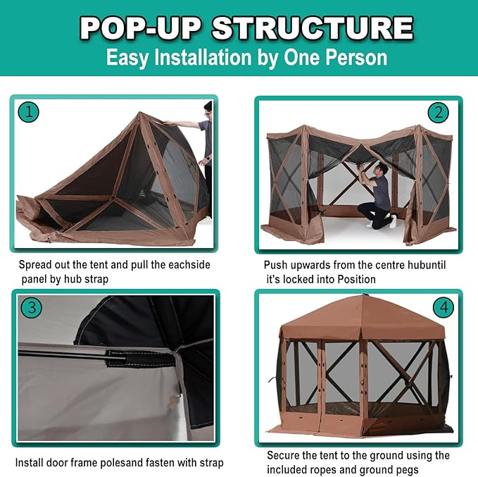 Pop Up Screen Tent, 12'x12' Windproof & UV Protection Sun Shelter, Portable Instant Setup, 6-Sided Screen Tent for Picnic, Camping, Backyard, Outdoor (Brown)