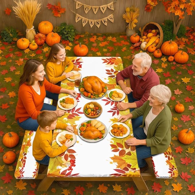 Picnic Table Cover with Bench Covers Elastic Edges, Leaves Fall Fitted Table Cover, Outdoor Patio Camping Essentials 72 Inch 3PCS, Waterproof Camping Fitted Tablecloth with Drawstring Bag