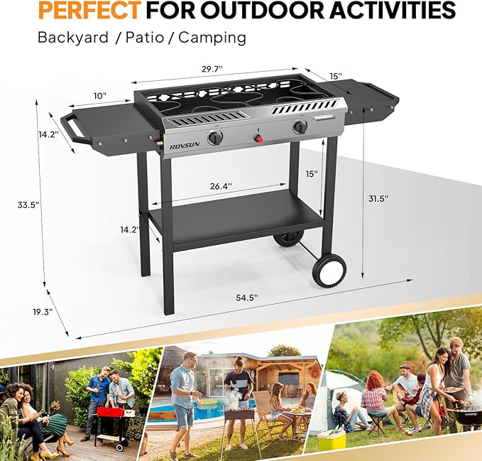 ROVSUN 2 Burner Outdoor Propane Gas Stove with Auto-ignition, Regulator & Shelf, 150,000 BTU Powerful Stand Cooker for Backyard Patio Cooking Home Brewing Canning Turkey Frying