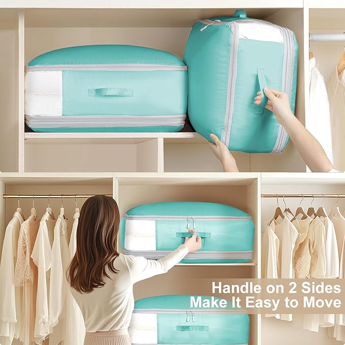 Comforter Storage Bag - Large Capacity Blanket Storage Bags 3-Layer Ultra Space Saving Self Compression Organizer, Washable Compression Bags for Storage Comforter Blanket, 4-Pack, Blue