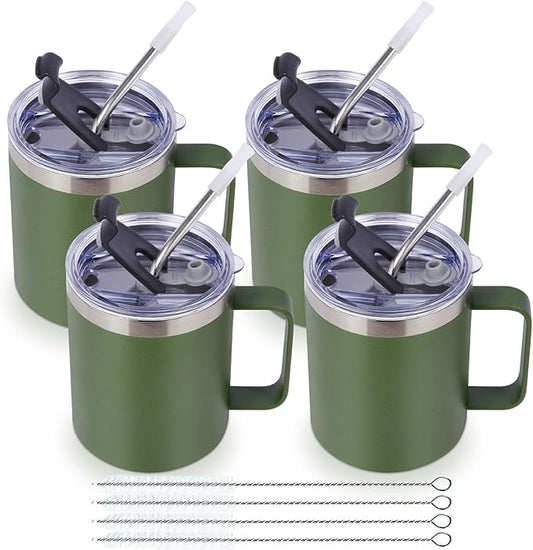 Volhoply 12oz Insulated Leakproof Coffee Mug with Flip & Straw Lid Bulk 4 Pack,Double Wall Vacuum Stainless Steel Travel Tumbler Cup with Handle,Camping Mugs Keep Cold/Hot(Army Green,4 Set)