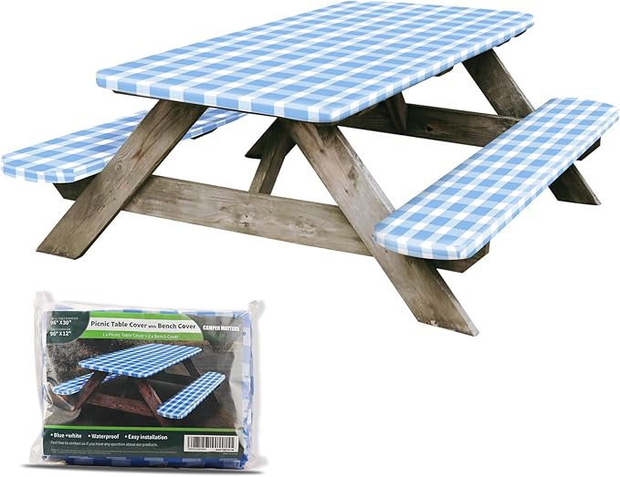 Picnic Table Cover and Bench Covers, Fitted Tablecloth Cover with Elastic Edge, Water and Oil Proof, for Outdoor, Garden, Camping, 96x30 Inch, 3 Pieces Set, Blue & White