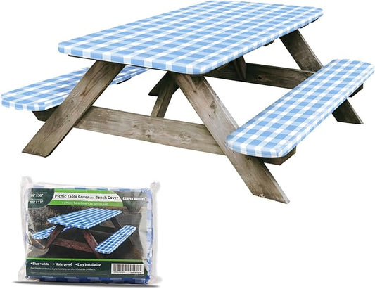 Picnic Table Cover and Bench Covers, Fitted Tablecloth Cover with Elastic Edge, Water and Oil Proof, for Outdoor, Garden, Camping, 96x30 Inch, 3 Pieces Set, Blue & White