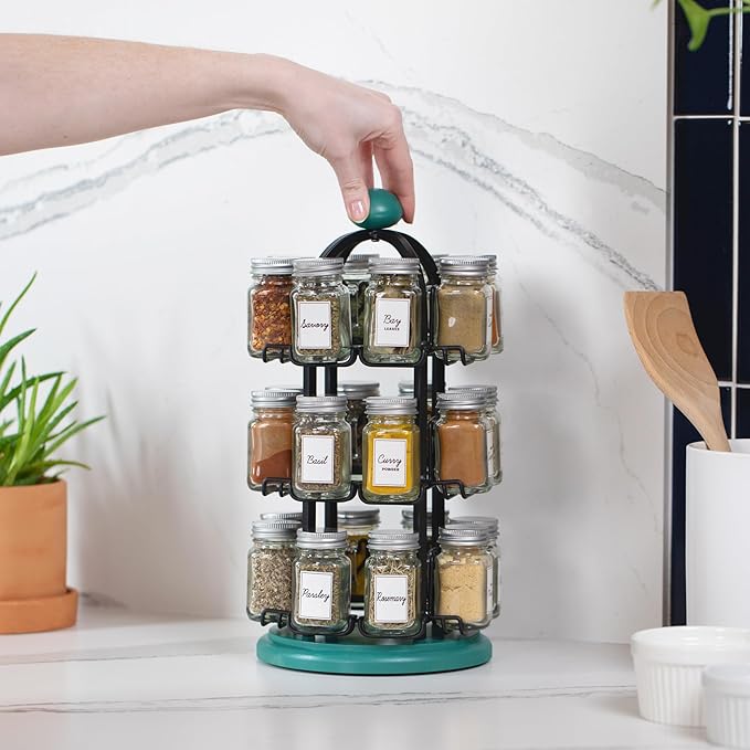 Orii Adrinova 24 Jar Revolving Spice Rack with Spices Included, Spice Organizer for Kitchen Countertop, Black & Green