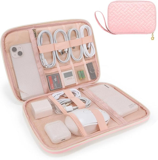 Electronics Organizer Travel Case, Charger Bag Cord Organizer Travel, Compact Tech Pouch Cable Organizer Bag for Charger, Cords, Phone, Headphones, Flash Drive, SD Card (Pink, Large-Single Layer)