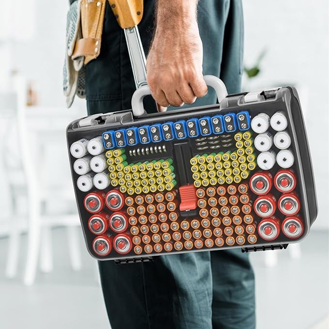 Battery Organizer Storage Holder Case with Double-Sided, Garage Box with Tester Checker. Batteries Container for 269pcs AA AAA AAAA 3A 4A 9V C D Lithium 4LR44 CR2 CR123A CR1632 CR2032 18650 - Black