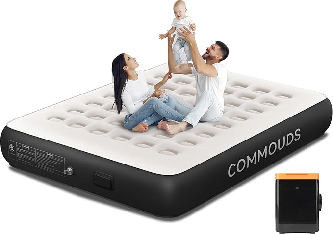 COMMOUDS Queen Air Mattress with Built-in Battery Powered Removable Pump, 13" High Inflatable Mattress, Portable Blow up Mattress, Air Bed for Camping, Home and Guest