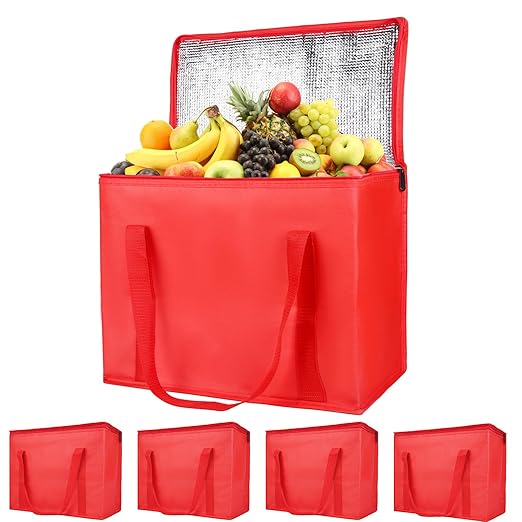Bodaon 5-Pack Cooler Insulated Food Delivery Bag, X-Large With Top Zippered Bags for Grocery、DoorDash、Catering、Shopping，Thermal Hot Pizza, Large Cold and Frozen Door Dash Accessories, XL Tote, Red