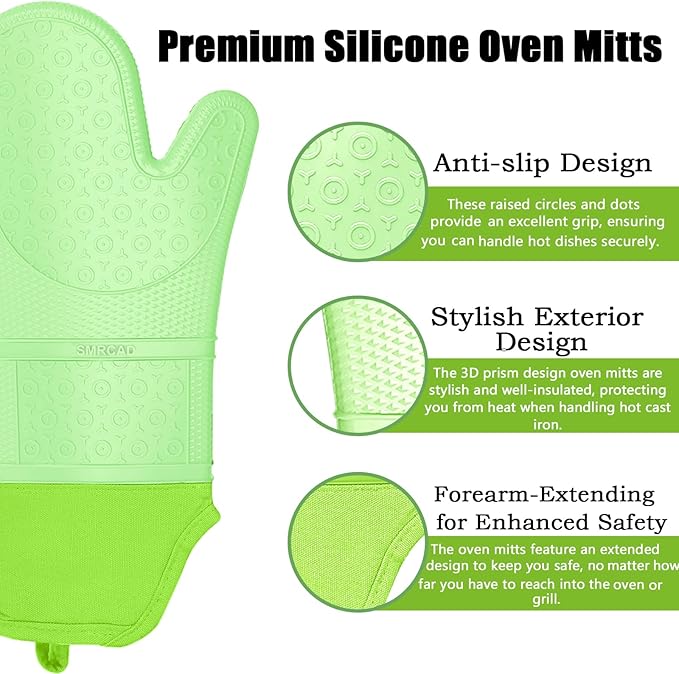 Oven Mitts with Heat-Resistant Hot Pads and Five Silicone Spatulas Designed for Kitchen Baking Cooking, Oven Glove Soft Cotton Lining, Waterproof, BPA-Free (Fluorescent Green, 15.7)