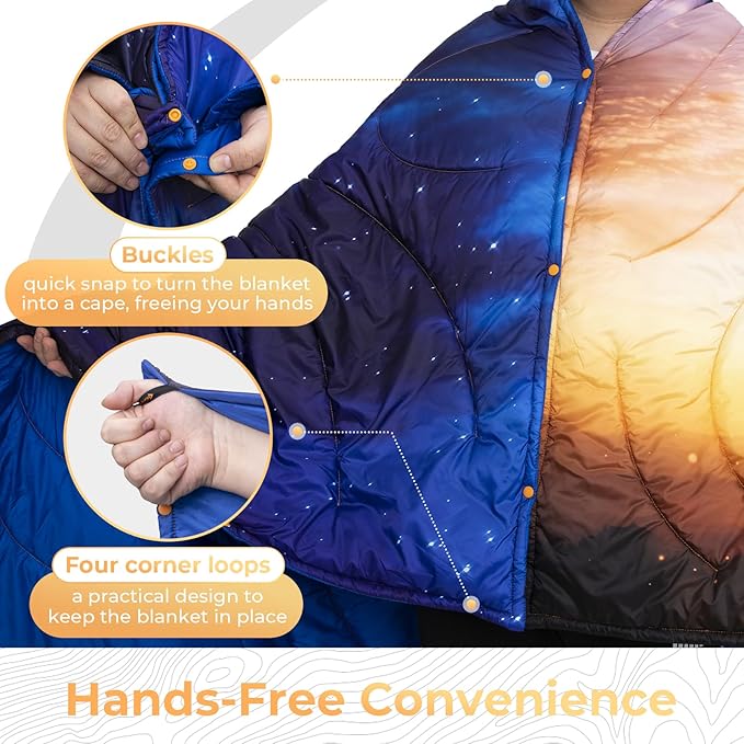KingCamp Ultralight Camping Blanket, Packable Down Alternative Puffy Printed Wearable Blanket with Snap Buttons & Corner Loops Weatherproof Quilt for Outdoor Travel Stadium (79" L x 57" W, Sunrise)