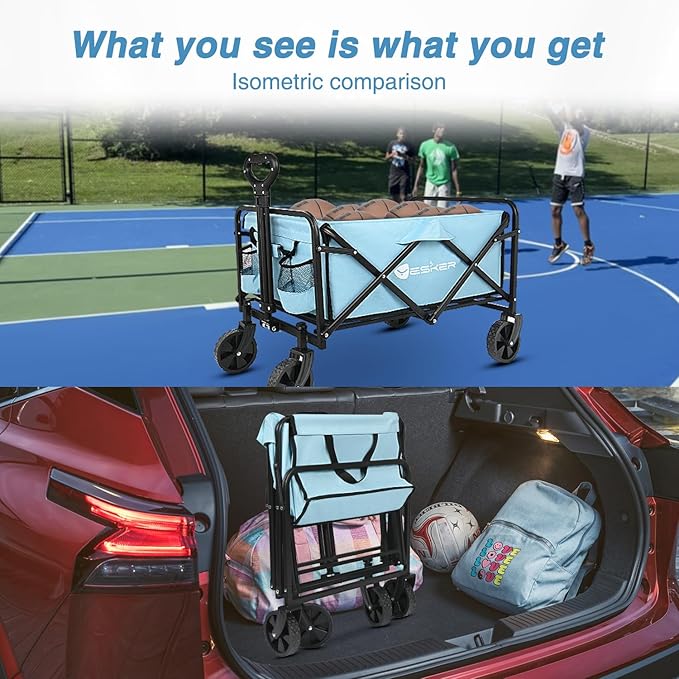 Yesker Foldable Wagon - 220lbs Collapsible Garden Carts with All Terrain Wheels for Outdoor Camping Sports Shopping Gardening - Heavy Duty Portable Utility Trolley (Blue)