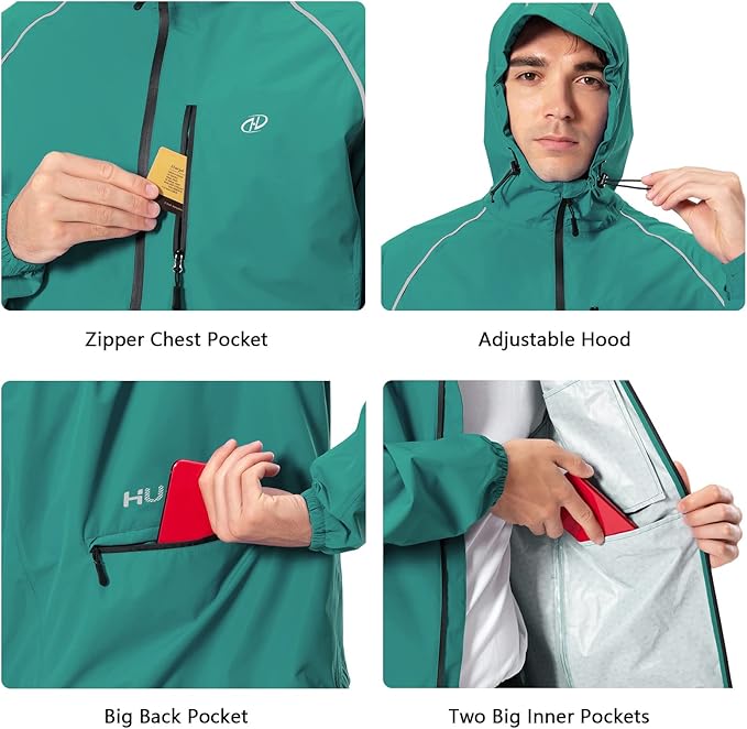 Men's Cycling Running Rain Jacket Lightweight Waterproof Biking Hiking Windbreaker Raincoat Reflective Packable