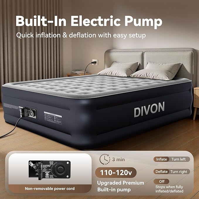 DIVON Queen Air Mattress with Built in Pump Raised, 2 Min Self Inflatable Mattress, 18’’ Blow up Mattress for Adults, 660 LBS Portable Air Bed for Guest, Camping, Travel & Floor, Dark Blue