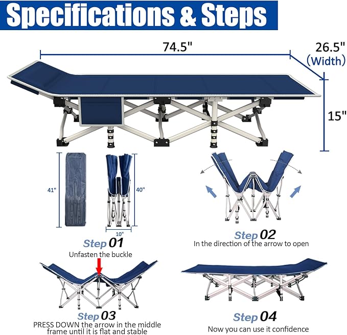 Cot Camping Cot with Thick Pad Cots for Sleeping Camping Bed Folding Cot 450LBS(Max Load) Comfortable Double Layer Oxford Heavy Duty with Carry Bag for Home Outdoor Travel