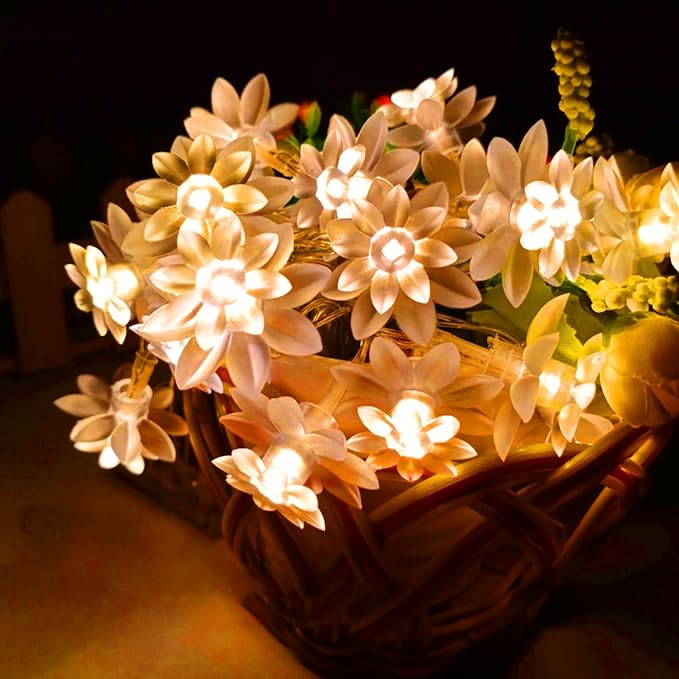 USB & Battery Operated Flower Fairy Lights, 10ft 30 LED Twinkle Diwali Soft Rubber Lotus Floral Lamps with Timer for Kids' Room Garden Patio Christmas Easter Tree Wall Hanging Decor, Warm White