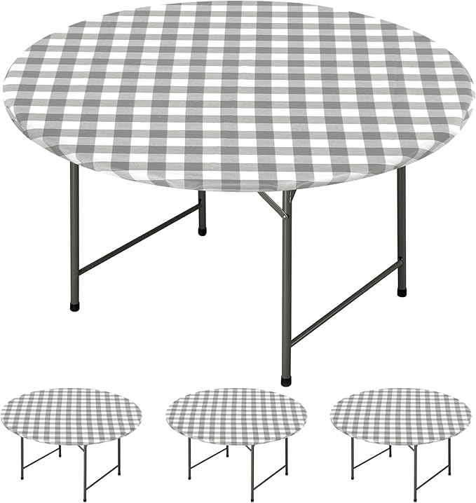 Fitable Round Vinyl Fitted Table Cover - 4 Pack Waterproof Checkered Elastic Edged Tablecloth Flannel Backed Table Cloth for Picnic Party, Silver/White (Fit for 45"-56" Round Tables)