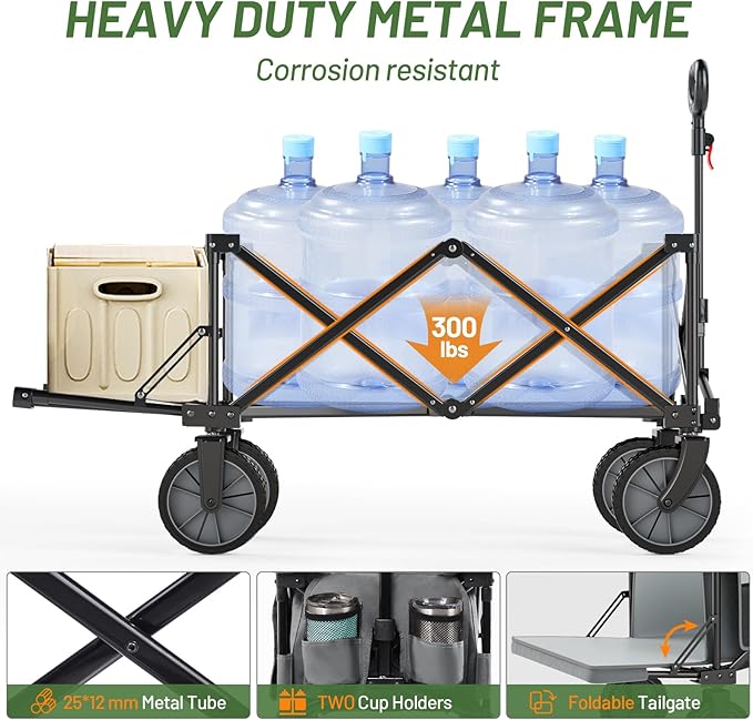 Timber Ridge 49" Extra Long Collapsible Folding Wagon with Tailgate and Brakes, 300lbs Heavy Duty Foldable Wagon with Adjustable Handle, 250L Capacity Portable Cart for Outdoor Camping Sports, Grey