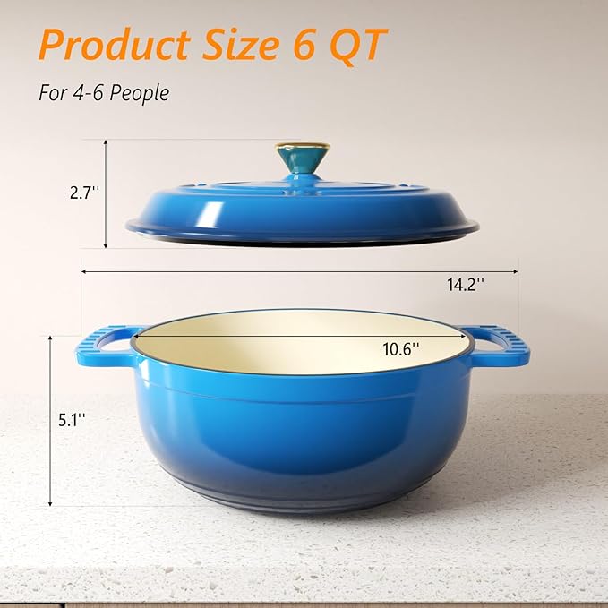 BONNLO 6QT Round Dutch Oven, Enameled Cast Iron Dutch Oven Pot with Lid & Dual Handles, Oven Safe Up to 500° F, for Sourdough, Bread Baking, Stews and Roasting (Blue)