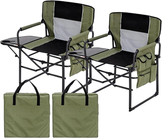 Wide Folding Director Chair with Table, Outdoor Camping Chair for Adults with Cup Holder Load 330 Lbs, Portable Lightweight Chair for Outside with Carry Bag for Patio, Green-2Pack