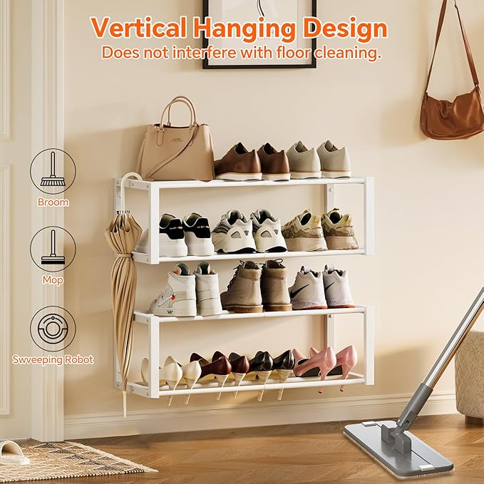 Homeiju Hanging Shoe Organizer,2 Pack Wall Mounted Shoe Rack Holds 12 Pairs,Space Saving Metal Wall Shoe Rack,Hanging Shoe Rack Shoe Holder for Small Space,Entryway,Closet,RV,Camper (White